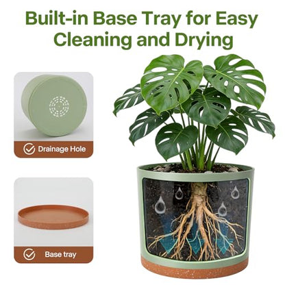 3 Pack Cylinder Planter Set 10/9/8 Inch White Indoor Plant Pots | Modern flower pots with drainage holes and saucers. For outdoor garden, succulent, nursery, and house plants. - color: Green-brown
