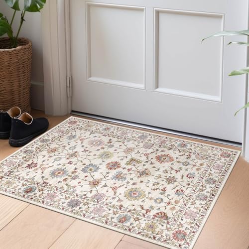 LUXRUG 2x3 Washable Entryway Rug - Small Entry Rug Non-Slip Cream Colorful | Vintage Traditional Floral Kitchen Rugs Low Pile Boho Carpet Throw Rugs for Bedroom Bathroom Entrance Dorm Laundry Room - color: Cream Multi, size: 2' x 3' (Rectangular)