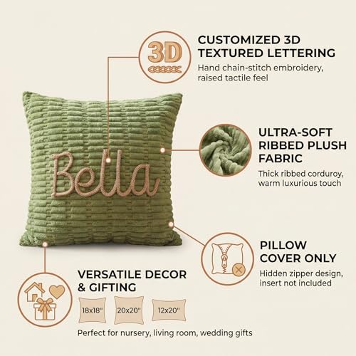 MBBEST Personalized Embroidered Name Lumbar Pillow Cover, Custom Handmade Monogram Accent Cushion Case for Kids Room Boy Girls
