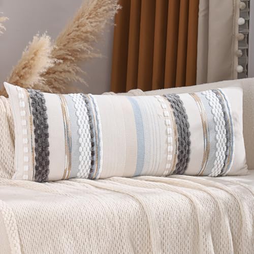 Boho Lumbar Throw Pillow Cover 14x36 Grey Blue White | 1 Piece,Durable Fabric,Stripe Pillowcase,Farmhouse Cushion Case,Chenille Pillow Case,Neutral Pillowcase for Sofa Couch Bed - color: Grey Blue White Stripe, size: 36" x 14" (Pack of 1)