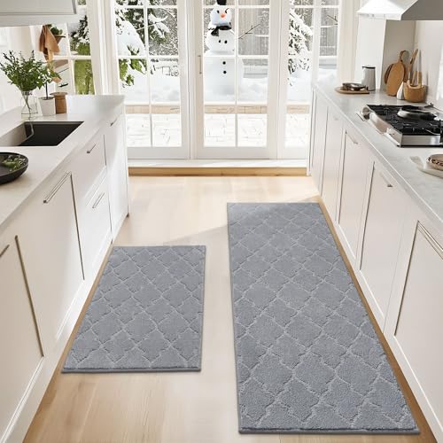COSY HOMEER Soft Kitchen Rugs Set of 2 Non Slip 24"x35"+24"x60",Grey | Absorbent Kitchen Mat for Floor,Non-Skid Standing Mat,Washable,Stain Resistant Kitchen Runner Rug for Sink,Area Rug,Entry - color: Grey, size: 24 X 35 "+ 24 X 60 "
