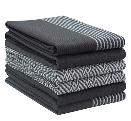 6-Pack Kitchen Towels 15x25 Inch, 100% Cotton Waffle Weave - Absorbent, Reusable Dish & Hand Towels with Hanging Loop for Home & Bar Use Spring Easter Summer - Assorted - Dark Gray - color: Dark Gray - Assorted