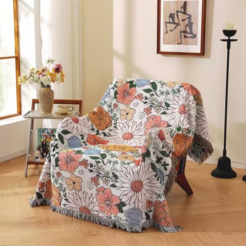 Homesy Boho Floral American Pastoral Southwest Throw Blanket 51"x63" | Southwest Decor,Modern Flower,Sofa Couch Chair Cover,Outdoor Beach Car Tent Travel Camping Use,Tapestry,Reversible and Tassel - color: Beige Yellow, size: 51"x63"