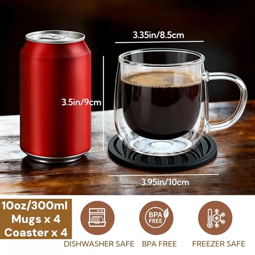 Glass Coffee Mugs Set Of 4, 10oz Double Walled Insulated Glass Mugs with Handle and Coaster, Heat Resistant Borosilicate Clear Glass Cups for Espresso Latte Cappuccino, Tea Bag, Beverage - size: 4 Pack+4 Coasters