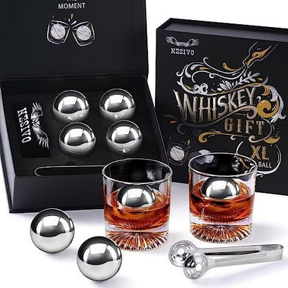 Whiskey Balls Reusable 55mm, Father's Day Bourbon Gifts for Men, Whiskey Ice Stones with Tongs, Anniversary Birthday Gifts for Dad Boyfriend Grandpa Him Husband from Wife 10pcs - color: Sliver - Round Balls