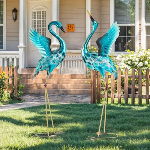 47.5" Metal Crane Statue, Extra-Large Blue Heron Decor Set of 2 | Handcrafted Garden Yard Art with Stable U-Ground Stakes, Iron Weatherproof Bird Animal Sculptures, for Backyard Patio - color: 47.5" -Glossy Turquoise