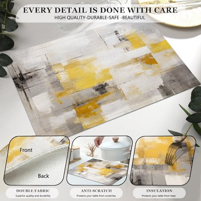 Mcalk Yellow Table Runner and Placemats Set of 6, Abstract Grey Placemats, Modern Cloth Place Mats Indoor for Kitchen,Washable Linen Material for Dining Table - color: 01yellow1