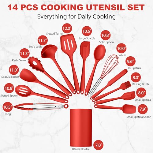 LIANYU 14 Pcs Silicone Cooking Utensils Set with Holder, Red | Kitchen Utensils Set for Non-Stick Cookware, 446°F Heat Resistant Cooking Tools with Comfort Grip Handle, Dishwasher safe - color: Red