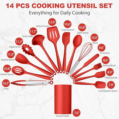 LIANYU 14 Pcs Silicone Cooking Utensils Set with Holder, Red | Kitchen Utensils Set for Non-Stick Cookware, 446°F Heat Resistant Cooking Tools with Comfort Grip Handle, Dishwasher safe - color: Red