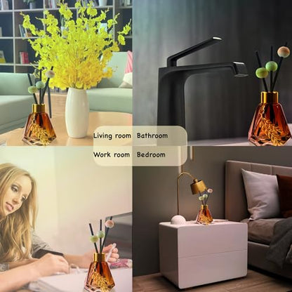 Meinvcisi 4 Empty Fragrance Glass Diffuser Bottles, Refillable Diffuser Bottles with 20pcs Reeds Sticks &12 Wood Balls&4 Metal Leaves, Reed Diffuser Set, Diamond Style,60ML, Gradient Brown.