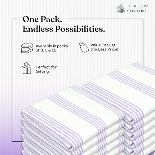 Lavender Stripe Kitchen Towels, 3 Pack, 100% Cotton, Super Absorbent and Quick Dry, Multi Pin Striped Towel Set, Durable Dish Cloths for Kitchen Use, Cleaning & Drying Dishes - color: Lavender, style: 3 Pack