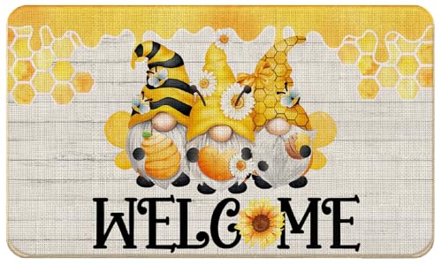 Gnome Sunflower Welcome Door Mat, Spring Summer Yellow Floral Doormat for Front Door Porch Outdoor Indoor Entrance, Bee Gnome Welcome Doormat Outside, 17x30 Inches - color: Gnome