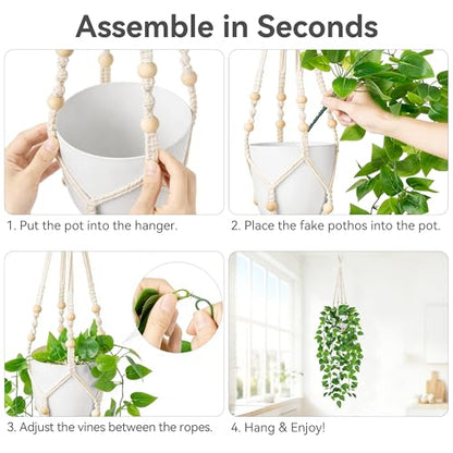 USLAI Fake Hanging Plant, Artificial Pothos Vines Greenery with Pot and Macrame Plant Hanger for Indoor Outdoor Boho Decor - size: 1 Pack