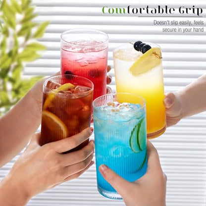 Drinking Water Glass Cups Set,Crystal Clear ribbed Glass set of 8,17oz&12oz | Unique Design Vintage Cocktail Glass, Tall Glass Cups Ideal for Ice Coffee Cup, Whiskey, Mixed Drinkware - style: Retro