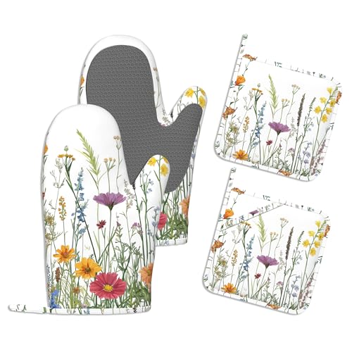 Spring Flowers Pot Holders and Oven Mitts,Rustic Wildflower Oven Mitts Heat Resistant Cotton Lining Anti-Slip Silicone Kitchen Mitts Set Hot Pads for Microwaves Cooking Baking Grilling - color: Spring Flowers