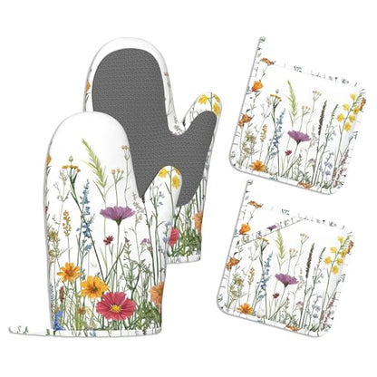 Spring Flowers Pot Holders and Oven Mitts,Rustic Wildflower Oven Mitts Heat Resistant Cotton Lining Anti-Slip Silicone Kitchen Mitts Set Hot Pads for Microwaves Cooking Baking Grilling - color: Spring Flowers