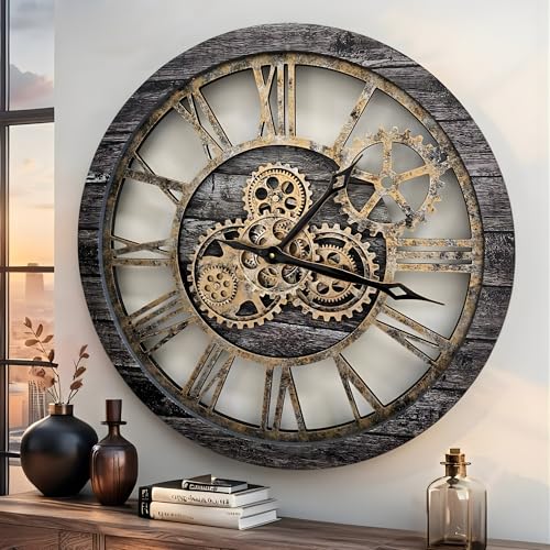 The Gears Clock The Original Real Moving Gear Wall Clock Vintage Industrial Oversized Rustic Farmhouse (24 inch (60cm), Vintage Carbon Grey and Bronze) - color: Vintage Carbon Grey and Bronze