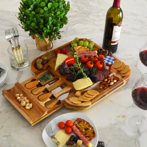 Picnic at Ascot Personalized Engraved Acacia Cheese/Charcuterie Cutting Board with Knife Set & Cheese Markers- Designed & Quality Checked USA