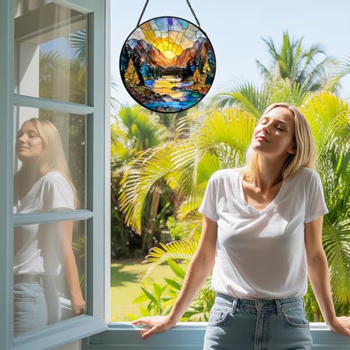 Stained Glass Window Hanging, Sunset Mountains Lake Tree Stained Glass Sun Catcher, Window Decor Scenery Lover Gift for Women, Couples, Best Friend, Family, Colleague, Classmate 7.8 Inch