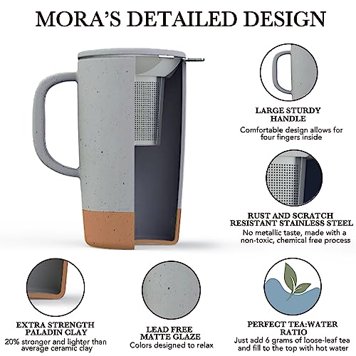 Mora Ceramics Large Tea Mug with Loose Leaf Infuser and Ceramic Lid, 18 oz, Portable, Microwave and Dishwasher Safe, Tall Coffee Cup - Rustic Matte Ceramic Glaze, Modern Herbal Tea Strainer, Sleet - color: Sleet