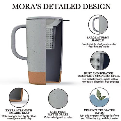 Mora Ceramics Large Tea Mug with Loose Leaf Infuser and Ceramic Lid, 18 oz, Portable, Microwave and Dishwasher Safe, Tall Coffee Cup - Rustic Matte Ceramic Glaze, Modern Herbal Tea Strainer, Sleet - color: Sleet