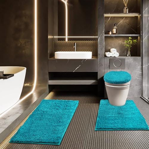 Bathroom Rugs Sets 3 Piece with Toilet Seat Cover 17.5"x 15" | Machine Washable Bath Rug Set with Tpr Non Slip Rubber Backing Solid Bath Mat Set for Luxury Bathroom Decoration - color: Teal, size: 17.5" x 15"+ 32" x 20"+ U 24" x 20"