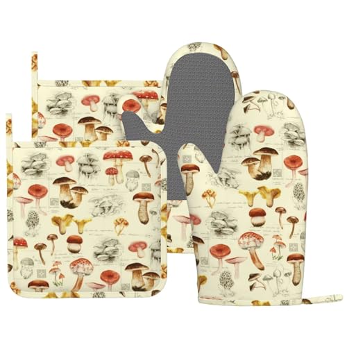 Mushroom Oven Mitts and Pot Holders Sets Silicone Vintage Mushrooms Kitchen Mitts Potholders Heat Resistant 4Pcs Oven Gloves Hot Pads for Kitchen Baking Cooking BBQ Grilling - color: Mushroom