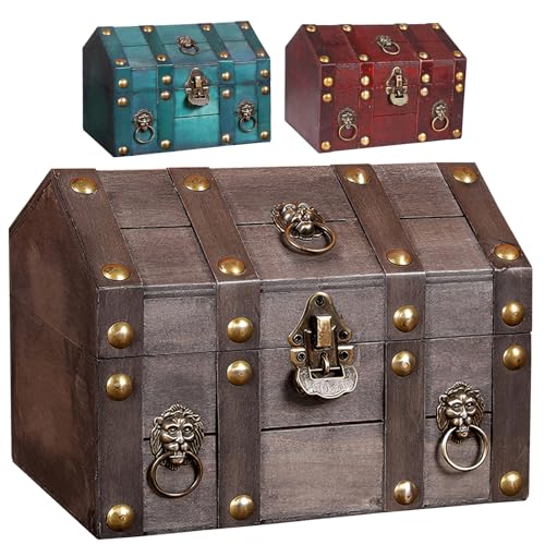 Large Vintage Wooden Treasure Chest Antique Box with Metal Lock | Wood Jewelry Box Storage Decorative Boxes Handmade Rectangle Organizer for Women Ring Necklace Earring Coins Collectibles - color: Grey