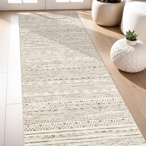 Ksrau 3x7 Runner Rug Washable Moroccan: Non Slip Hallway Floor Mat Beige | Soft Kitchen Rugs Low Pile Thin Carpet Runners for Entryway Bedroom Bathroom Living Room Indoor Home Office Decor - color: Beige, size: 3' x 7'