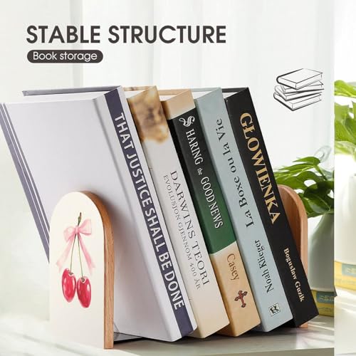 Two Red Cherries Tied with A Pink Ribbon Wooden Bookends Shelves 2 PCS Coquette Sturdy Book Holders Desktop Organizer for Home Office Libraries - color: Color-4
