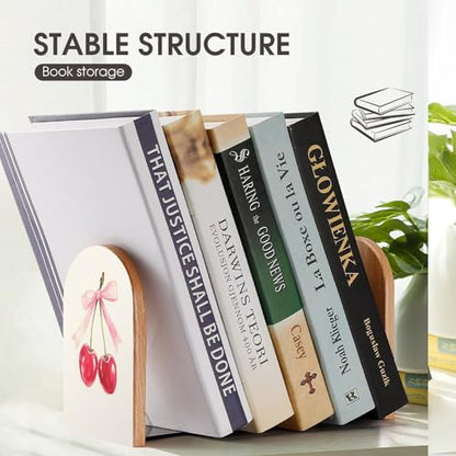 Two Red Cherries Tied with A Pink Ribbon Wooden Bookends Shelves 2 PCS Coquette Sturdy Book Holders Desktop Organizer for Home Office Libraries - color: Color-4