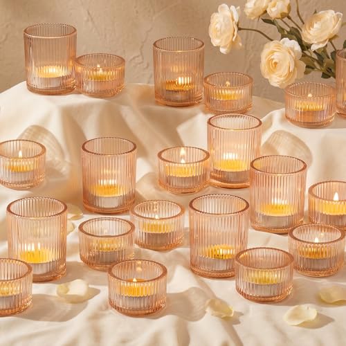 Glasseam Gold Votive Candle Holders, 24 Pcs Ribbed Glass Tealight for Table | Wedding Centerpiece, Small Tea Light Bulk, Set, Champagne, Christmas Decorations, Modern, Party Decor, Home Decor - color: Champagne Gold