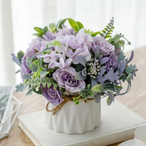TKAS Fake Flowers Arrangement in Ceramic Vase, Artificial Faux Silk Roses & Hydrangea, Small Realistic Dried-Style Floral Centerpiece for Dining Table, Wedding Party Home Decoration (Purple) - color: Purple