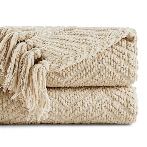 BATTILO HOME Beige Throw Blankets for Couch, Knitted Tan Throw Blanket for Twin Bed, Super Soft Warm Large Throws for Home Decor, 60" x 80" - color: Beige, size: 60"x80"