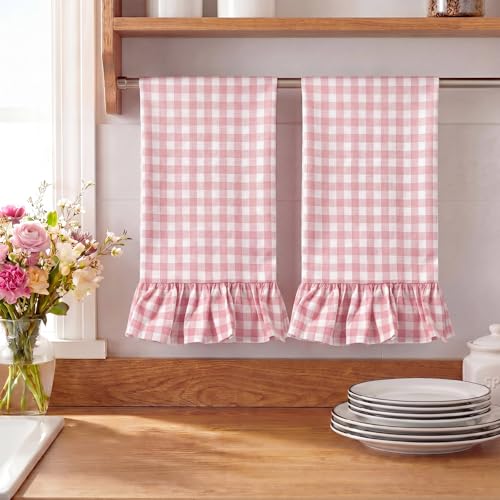 HunnmingRe Light Pink Kitchen Towels Set of 2, 100% Cotton Ruffled Gingham Dish Towels 18"x28" Absorbent Tea Cloths Classic Plaid Pattern for Farmhouse Charm, Drying Dishes, Entertaining Guests - color: Light Pink, style: Gingham