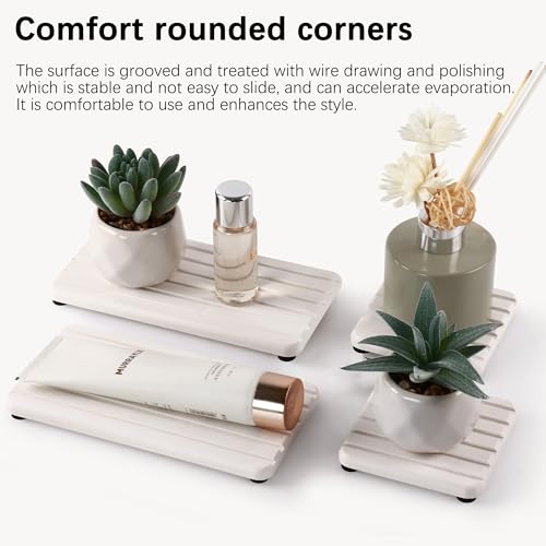 Set of 4 Bathroom Vanity Tray, Quick-Dry Diatomite Kitchen Tray with Non-Slip Pads | Water Absorbing Stone Used for Soap, Sponges, Cosmetics | Eco-Friendly Bath Sink Organizer - color: White