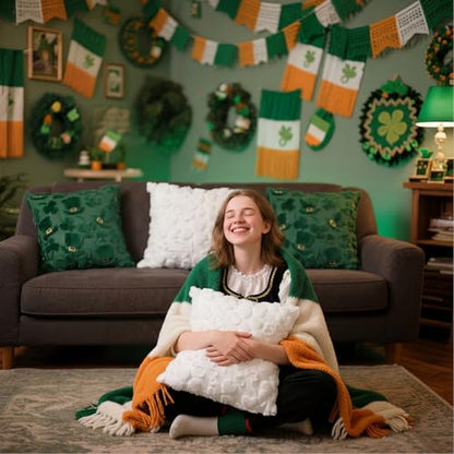 Tiamon 4 Pcs St. Patrick's Day Throw Pillow Covers 18 x 18 Inch 3D Embroidered Plush Green Shamrock Pillow Cases Lucky Clover Fluffy Faux Fur Cushion Covers for Spring Holiday Home Bed Sofa Couch - style: St. Patrick's Day