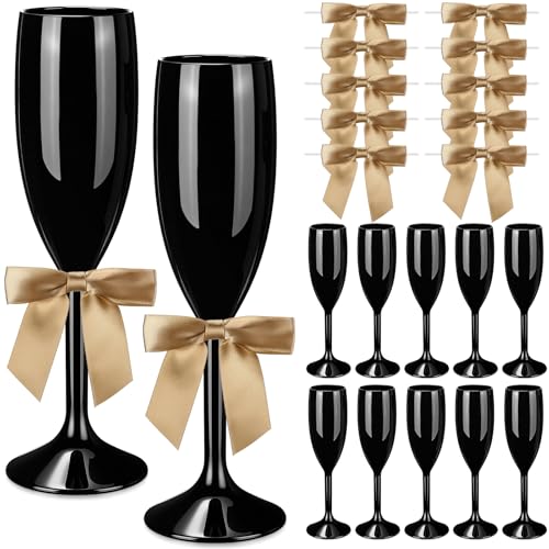 Zopeal Plastic Reusable Champagne Flute Glasses 6 oz and 50 Pcs Bow Set Acrylic Wedding Toasting Goblet 3.5" Bow Unbreakable Wine Cup for Bachelorette Bridal Shower Party(Black and Gold) - color: Black and Gold