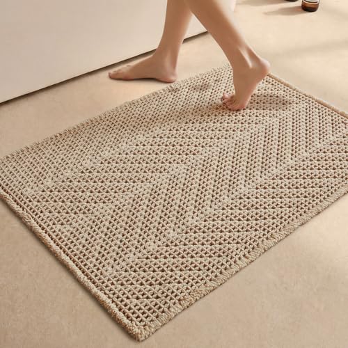 Sunfly Waffle Bath Mat, Boho Bath Rugs for Bathroom Floor Super Absorbent & Quick Dry, Non-Slip Washable Bath Mat with Tassels, Ultra Soft Farmhouse Bathroom Decor 24"*36" Beige - color: Beige, size: 2' x 3' (Rectangular)