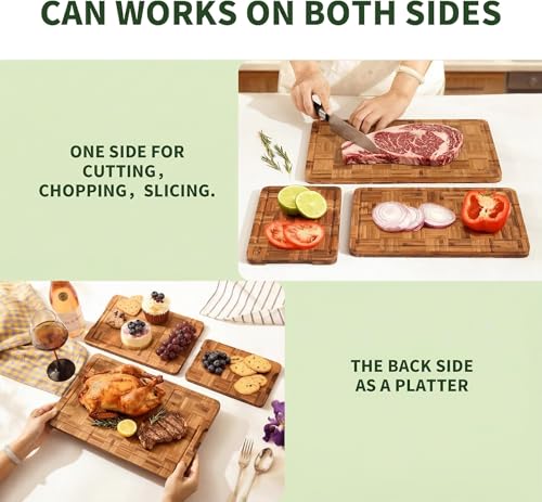 BAMBANG Bamboo Cutting Board for Kitchen with Juice Groove, End-Grain Butcher Block Chopping Boards, Checkered Wooden Cutting Boards Set of 3 with Stand, Knife-Friendly, Serving Tray - color: End Grain