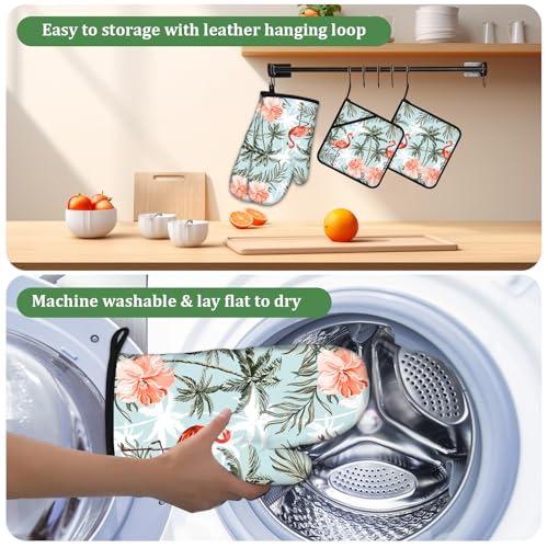 Tropical Flamingo Palm Flower Oven Mitts and Pot Holders Set 4 Pcs Extra Long Heat Resistant Gloves Potholder for Baking, BBQ, Grilling - color: Flamingo