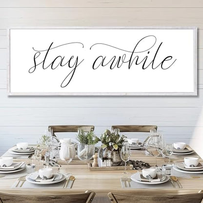 Rutiyoka Stay Awhile Sign Framed Farmhouse Dining Room Wall Decor Large 42"×15" Wood Kitchen Wall Art White - color: stay awhile (white frame)