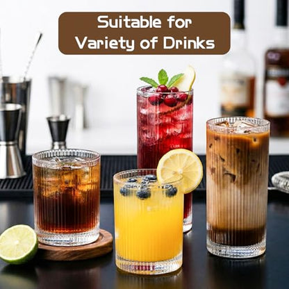 JOVGANK Drinking Glasses Set of 8 – Lead-Free Crystal Glassware, 4 Tall 15oz & 4 Short 10oz Vintage Ribbed Tumbler Glasses, Dishwasher Safe, for Juice Beer Cocktails, Great Housewarming Gift, Set A - style: H