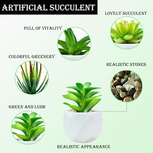 Succulents Artificial Plants Indoors in Mini White Ceramic Pots, Fake Succulents Outdoor, Aesthetic Green Succulents Decor Faux Desk Plant for Bathroom, Bedroom,Living Room,Office,Shelf (White)