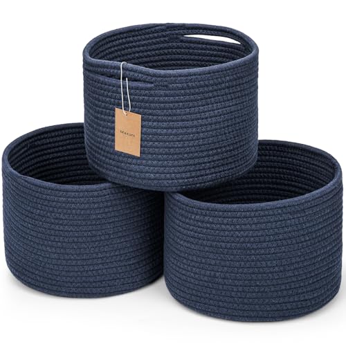 3 Pack Small Rope Storage Baskets, 9.82×9.82×7.1", Navy Blue | Cotton Basket for Gifts Empty, Cute Round Woven Basket, Decorative Shelf Basket Organizer, Organizing Basket for Shelves - color: Navy Blue-3PCS