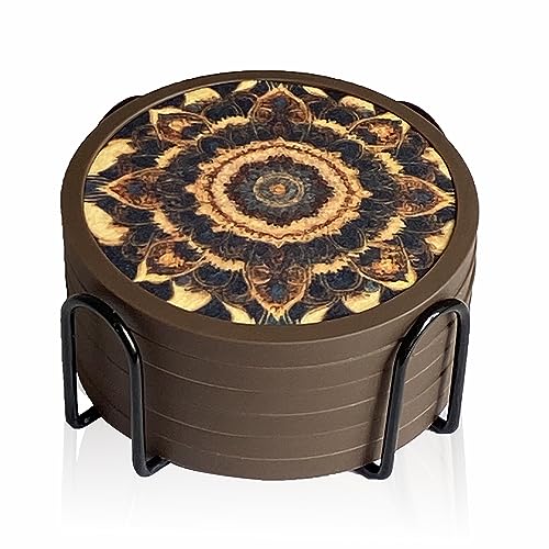 Absorbent Coasters for Drinks with Holder - 6packs, Silicone Coaster with Soft Felt Insert (4.3 inch Coasters with 4.5 inch Holder, Dual-Sided Mandala -Themed Patterns) - color: Dual-sided Mandala-themed Patterns