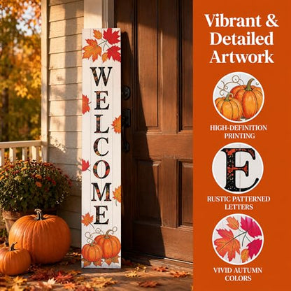 Vertical Wooden Fall Welcome Porch Sign,Rustic Autumn Porch Standing Sign,Decorative Leaning Sign for Front Entrance,Farmhouse Style Outdoor Welcome Decoration-47.2" H.
