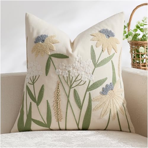 Floral Embroidered Decorative Pillow Cover 18x18 Spring Summer Boho Cute Accent Throw Pillow Cover for Living Room Couch Bedroom Sofa Home Decor - color: Neutral Floral, size: 18" x 18" (Pack of 1)