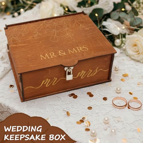 Mr and Mrs Wedding Keepsake Box Large Wooden Storage Box with Lid and Lock | Assembled Keepsake Memory Box, Anniversary Engagement Gift, Exquisitely Carved Exterior, Quick Assembly, Large Capacity