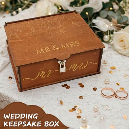 Mr and Mrs Wedding Keepsake Box Large Wooden Storage Box with Lid and Lock | Assembled Keepsake Memory Box, Anniversary Engagement Gift, Exquisitely Carved Exterior, Quick Assembly, Large Capacity
